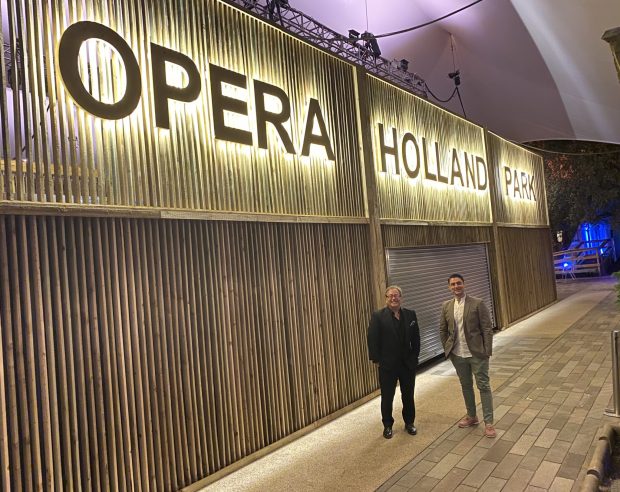 Opera Holland Park CEO James Clutton with designer takis at the end of the first performance of the 2021 Season 