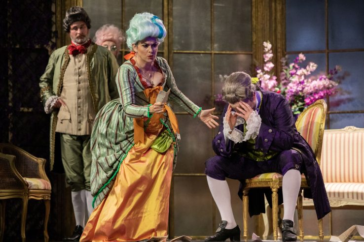James Cleverton as Bartolo, Victoria Simmonds as Marcellina and Julien Van Mellaerts as Count Almaviva in The Marriage of Figaro, 2021 © Ali Wright 