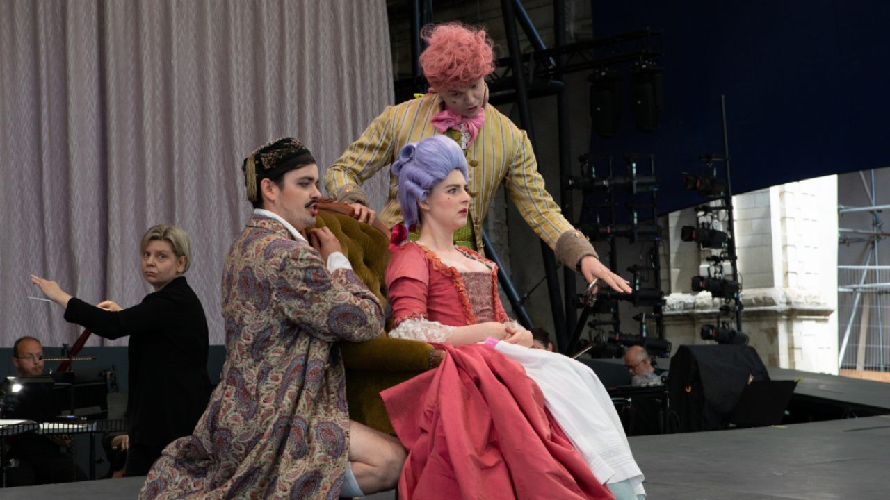 Jacob Phillips as Count Almaviva, Charlotte Bowden as Susanna and Guy Withers as Basilio/Don Curzio