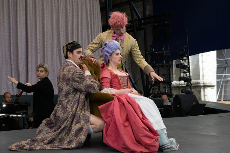 Jacob Phillips as Count Almaviva, Charlotte Bowden as Susanna and Guy Withers as Basilio/Don Curzio