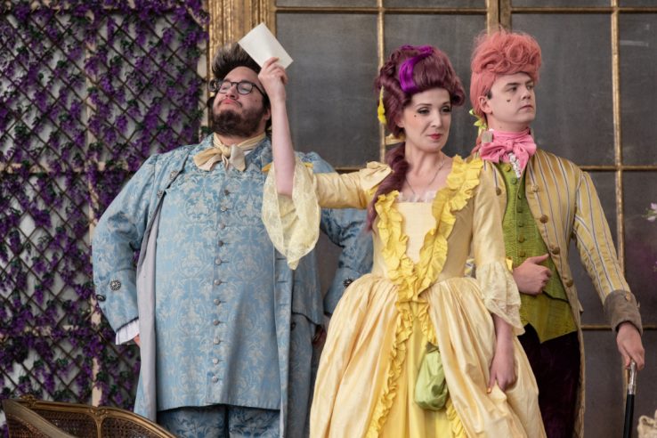 Alex Jones as Bartolo, Hannah Bennett as Marcellina and Guy Withers as Basilio/Don Curzio in The Marriage of Figaro, 2021 © Ali Wright